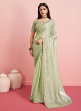 Pista colour saree looking smart
